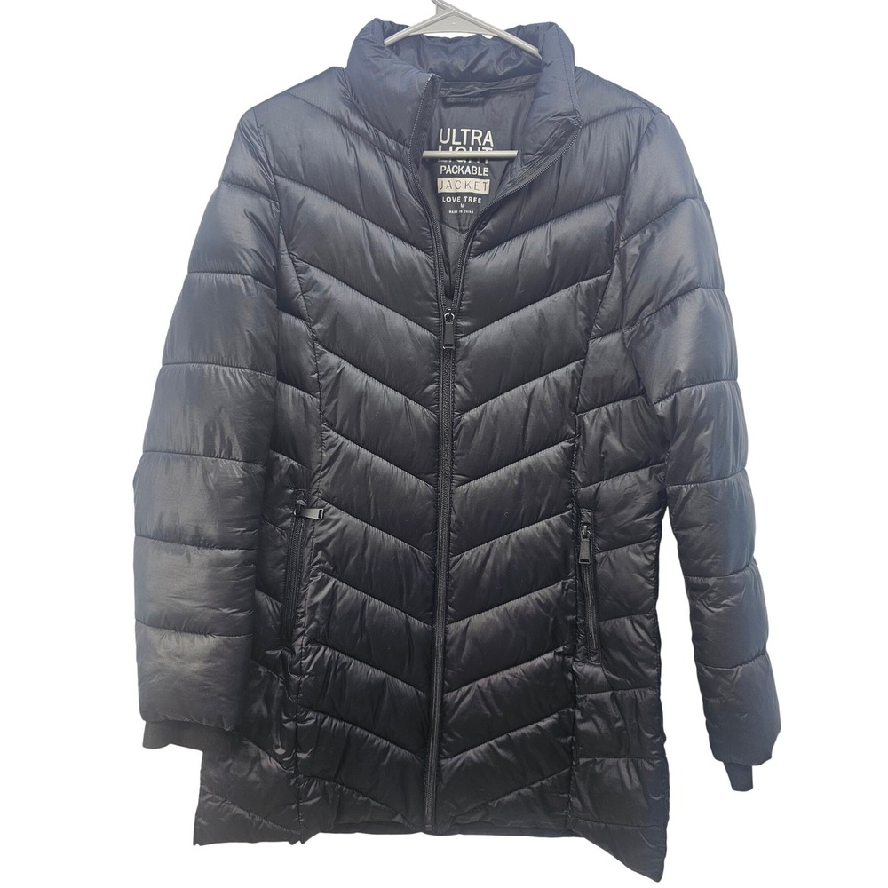Love Tree Womens Ultra Light Packable Puffer Jacket Black Chevron Quilted Medium